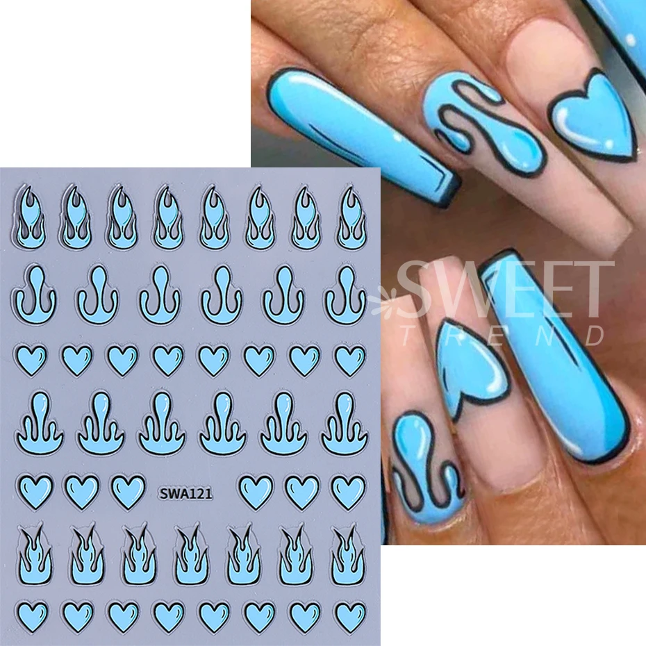 3 pçs quadrinhos amor coração adesivos de unhas rosa azul dos desenhos animados amor fogo chama decalques de unhas design diy decoração verão chama sliders manicure