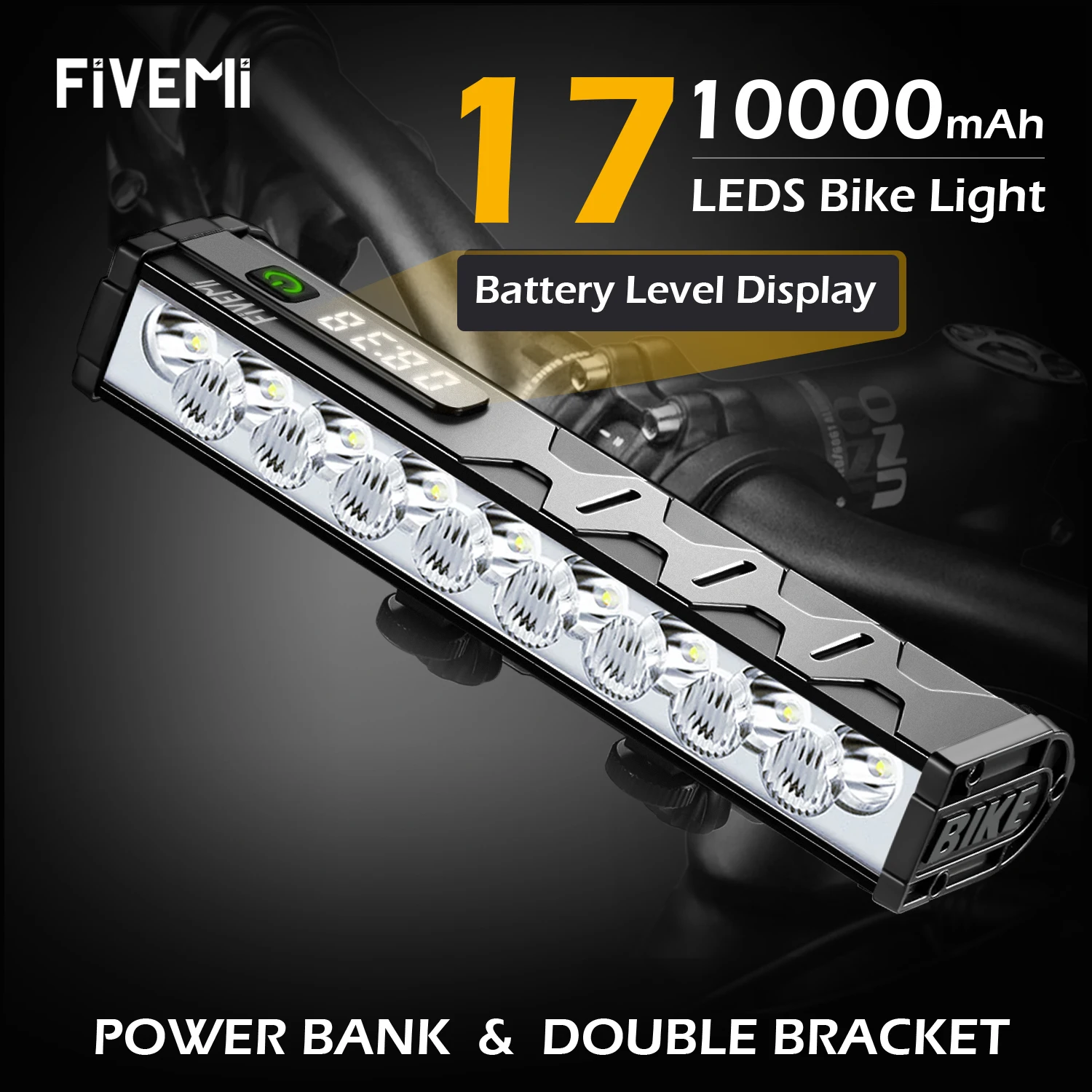 

Fivemi Bike Light Front - 17 LED 10000mAh USB Rechargeable Bicycle Headlight, Power Bank & Flashlight for MTB/Road Cycling