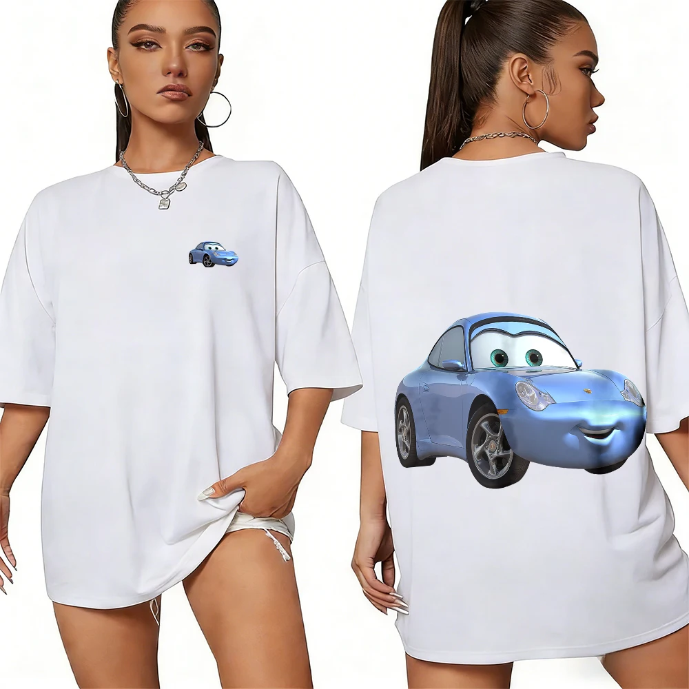 Disney's zomerraceauto: Sally's Signature lichtblauw Porsche 100% katoenen T-shirt met print Casual ademende top voor heren en dames