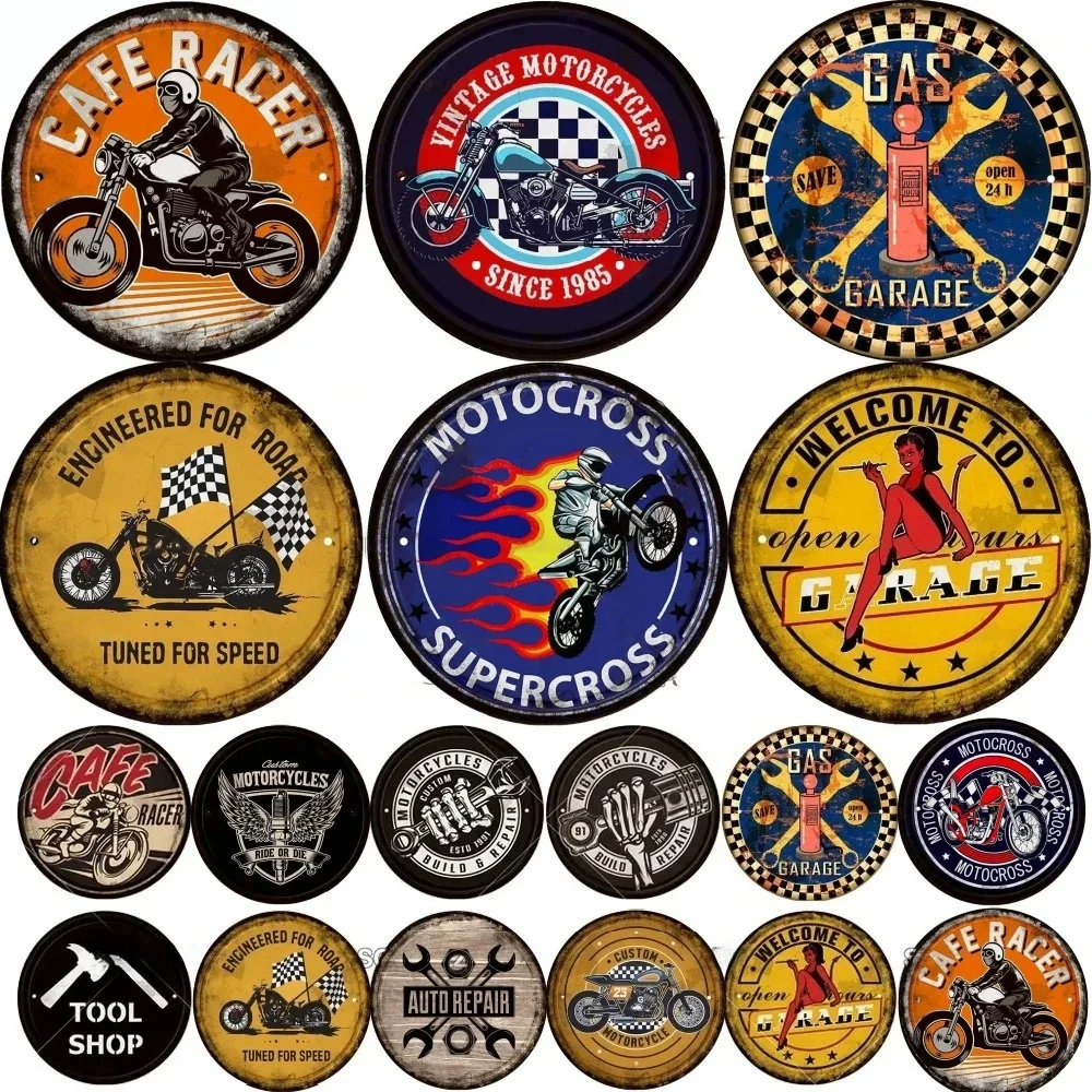 Vintage Motorcycle Posters Round Metal Tin Sign Plaque Decorative Plates Sign for Bar Pub Man Cave Garage Club Wall Art Decor