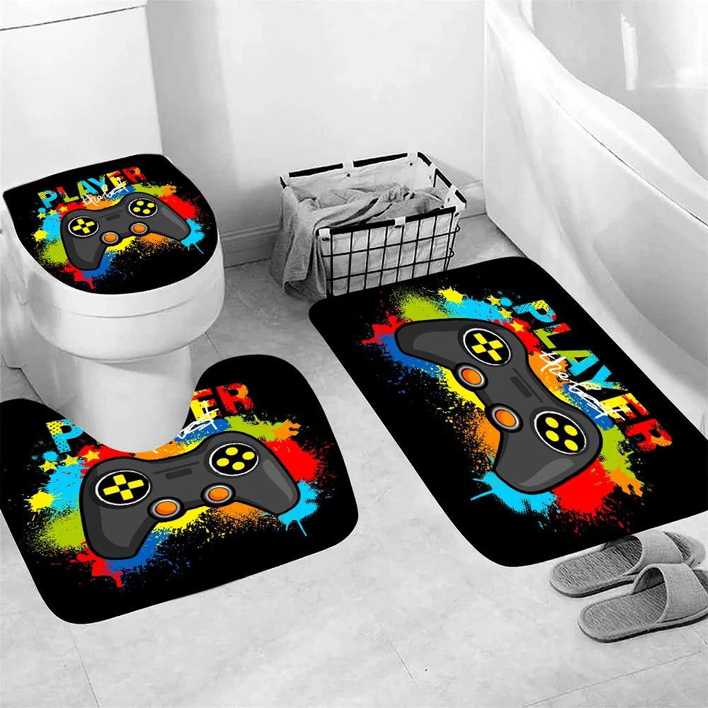 1 set of colorful game controller printed shower curtains, cool style, with plastic hooks and bathroom floor mats