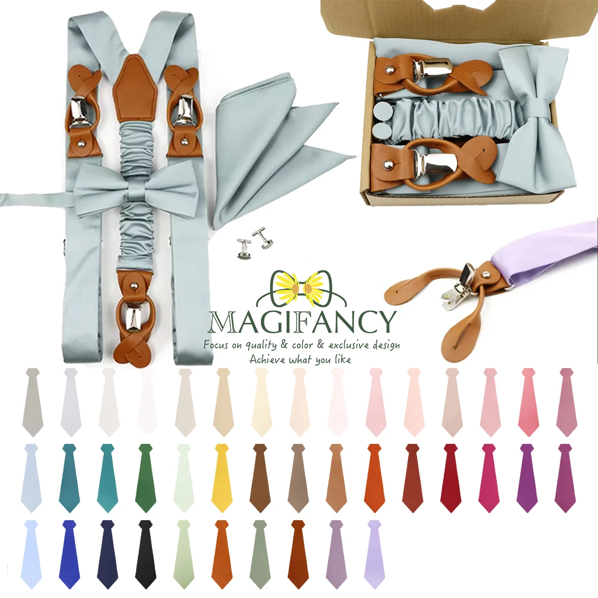 MAGIFANCY 4 PCS Suspender Bowtie Set Colorful Solid 3.5cm Brace Men Polyester Sage Salmon Pink Daily Wedding Top Accessory Gift