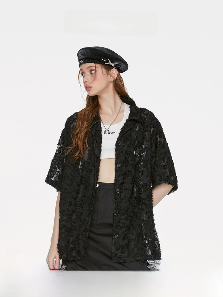 Guukahero Women's Loose Fit Short Sleeve Cuban Collar Shirt Semi-Transparent Lace Detail Black Short Sleeve Blouse Autumn Wear