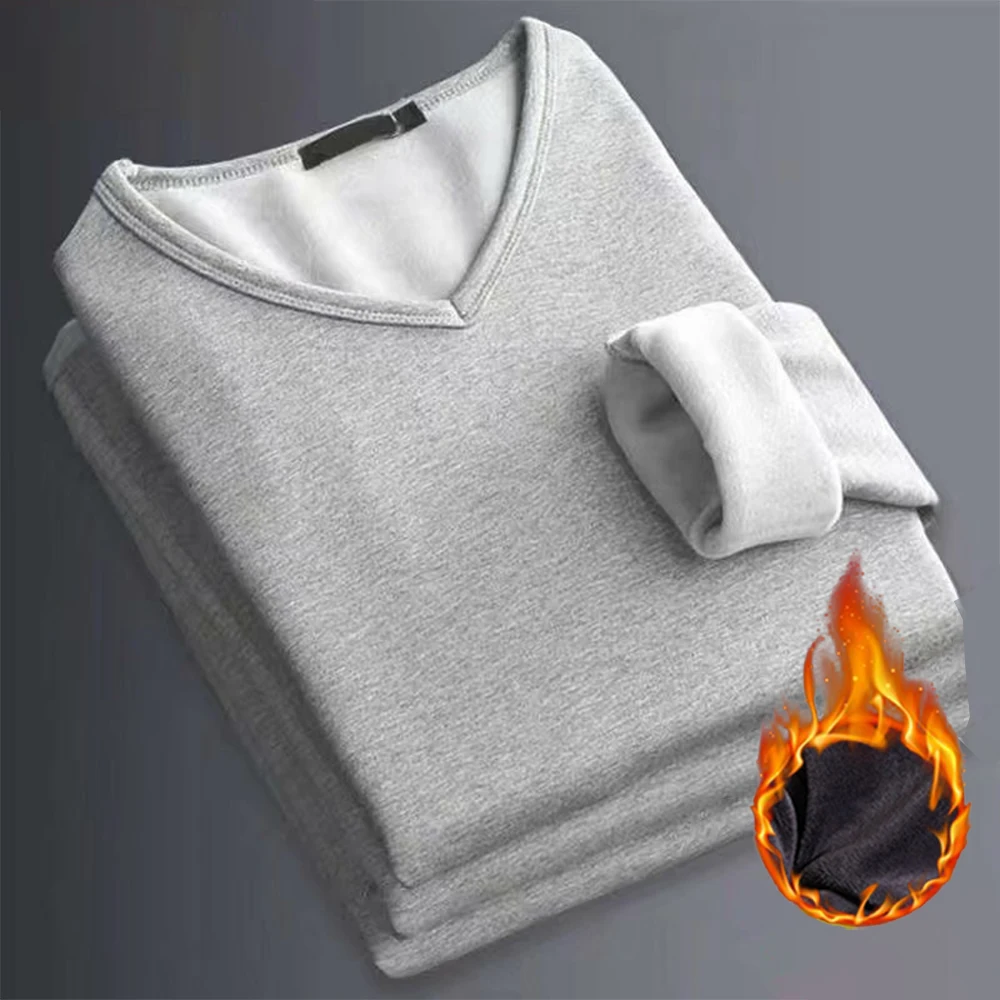 Male Thermo T Shirts Fleece Thermal Underwear For Men Pullover Thick Long Sleeve Thermal Tops Man Slim Bottom Plain Basic Blouse