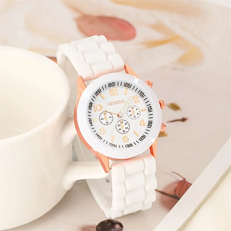 6pcs fashionable quartz watch set, suitable for couples, imitation leather and silicone strap, alloy case