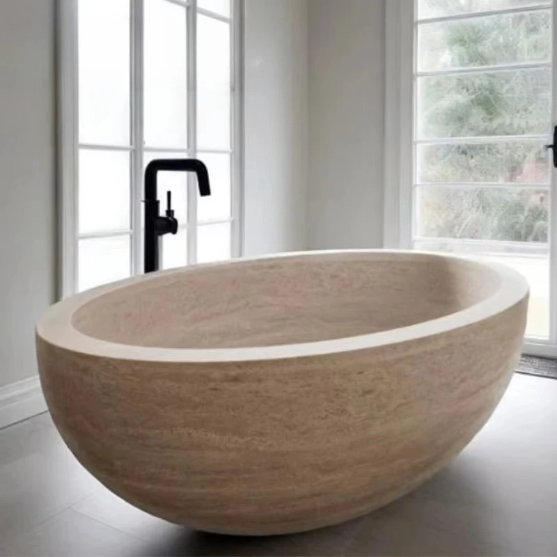 Natural Honed Travertine Freestanding Stone Bathtub Handcrafted Spa Soaking Tub for Bathroom