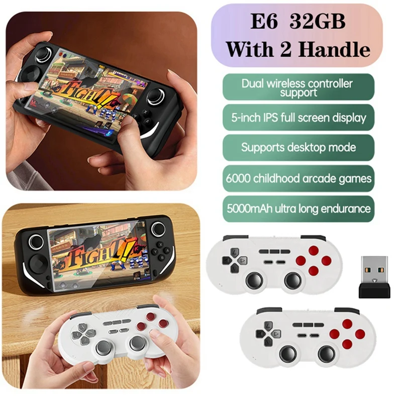 

E6 Handheld Game Console 32GB 6000+Games 5 Inch With Dual 2.4G Wireless Controller Support For GBA GBC PSP PS1 N64