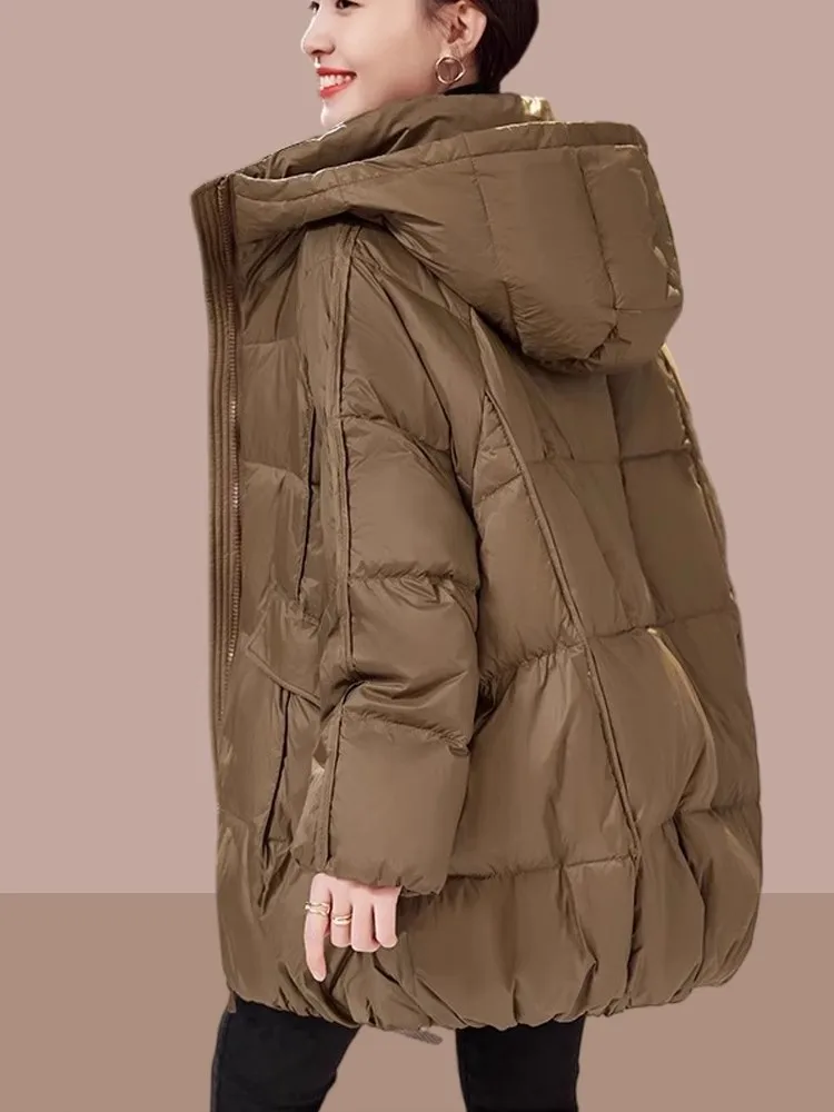 

Women's down Cotton Jaet 2025 New Sle Hooded Mid-Length Thiened Korean Version Loose Ladies Cotton Coat