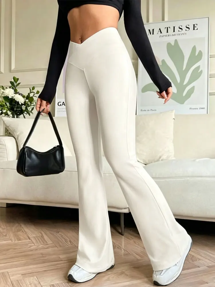 V-Taille Schlaghose für Damen, Hochgeschnittene Slim-Fit Schlaghose, Schlanke Lange Weiße Leggings, Weite Hose für Schlanke Figur – Detail 6