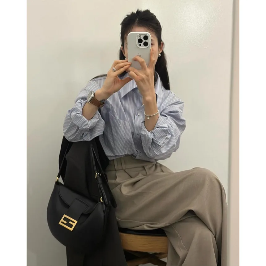 Damska bluzka w paski, elegancka, idealna na wczesną wiosnę, do noszenia warstwowo, długa, z kołnierzykiem, w stylu vintage, do noszenia pod ubraniem, modna na wiosnę i jesień.