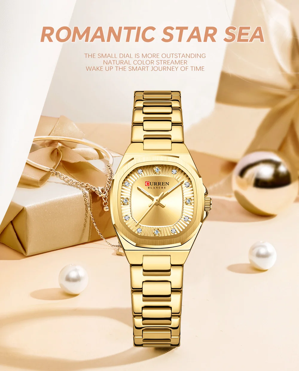 CURREN Gold Damenuhr mit Diamantakzenten, stilvollem Edelstahlband, elegantes Design, wird mit kostenloser Box geliefert – Detail 1