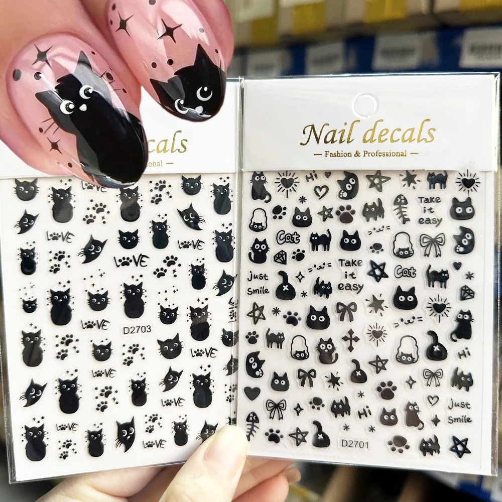 2pcs 3D Cute Cartoon Black Cat Nail Stickers Lovely Cat's claws Star Bow Nail Decals Japanese Korean Y2K Sliders Manicure Decora