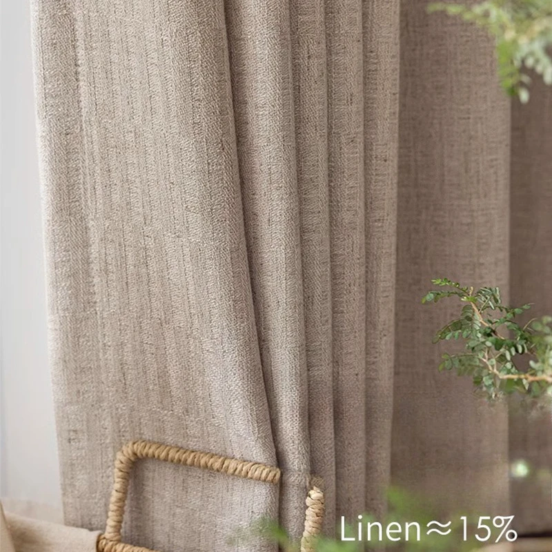 French Cream Style Minimalist Linen Semi Blackout Chinese Style Curtains for Living Room Tea Room Study Room Shade Curtain