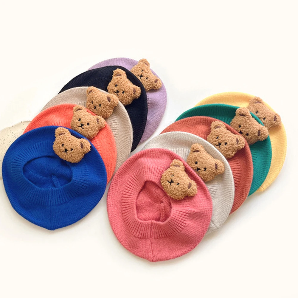 

Вязаная шапка художника ярких цветов с рисунком медведя для маленьких девочек, аксессуары для волос, детский вязаный берет, милый головной убор для новорожденных, От 0 до 4 лет