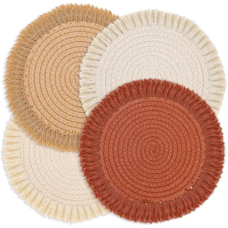 

13 Inch Fall Round Cotton Placemat Set of 4 Boho Placemats Table Mats Woven Washable Table Placemats for Fall Kitchen Dining Ho