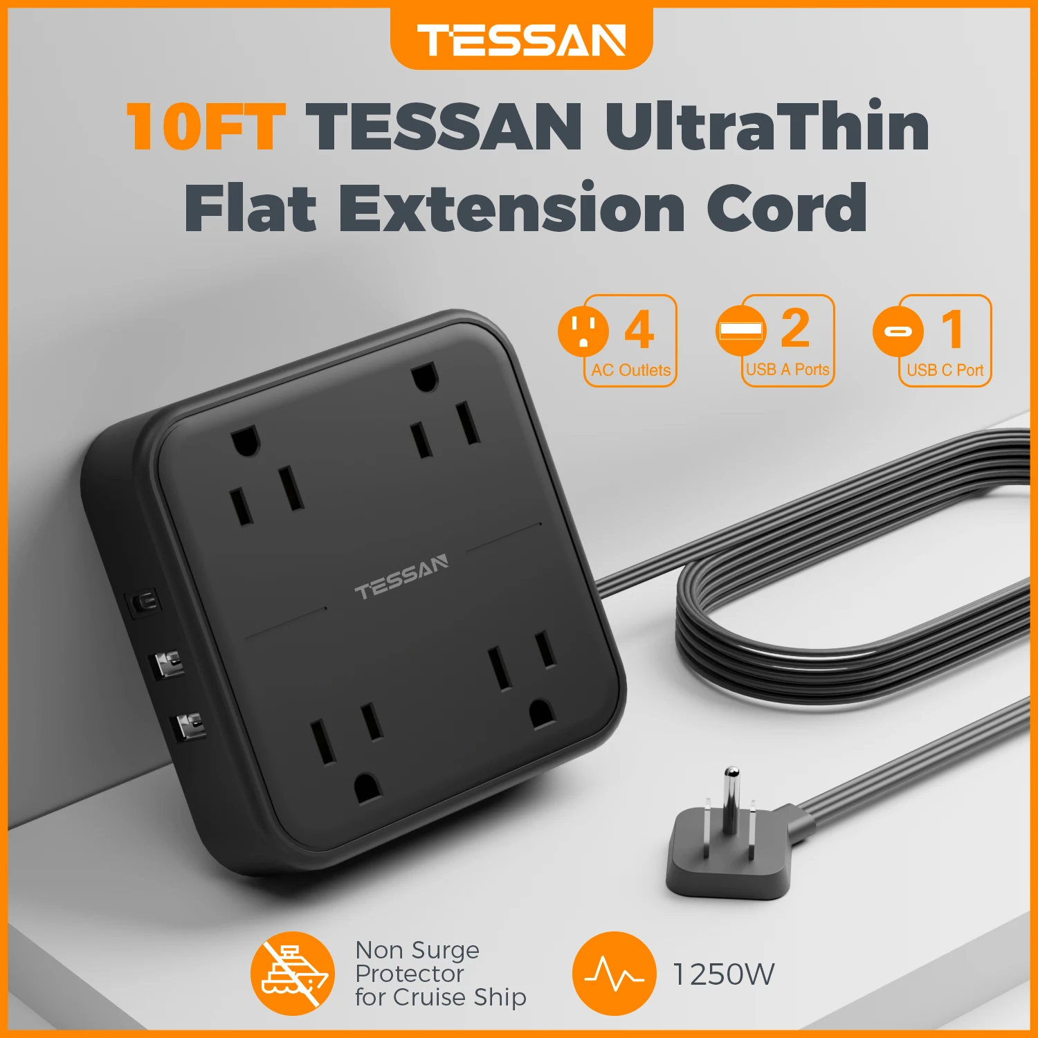 TESSAN Ultra-Thin Flat Plug Power Strip with 4 Outlets & 3 USB (1 Type C), 7-in-1 Power Strip with 5ft/10ft/15ft Extension Cable