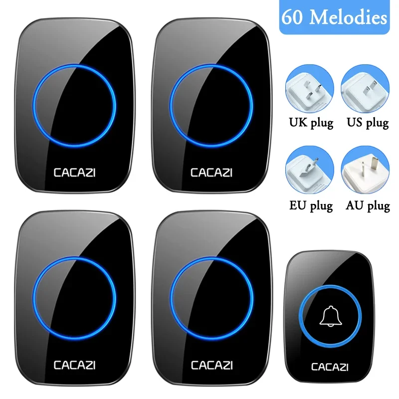 CACAZI 1 Button 4 Receiver Wireless Intelligent Waterproof Doorbell 300 Meters Range LED Light Home Call Bell US EU UK AU Plug