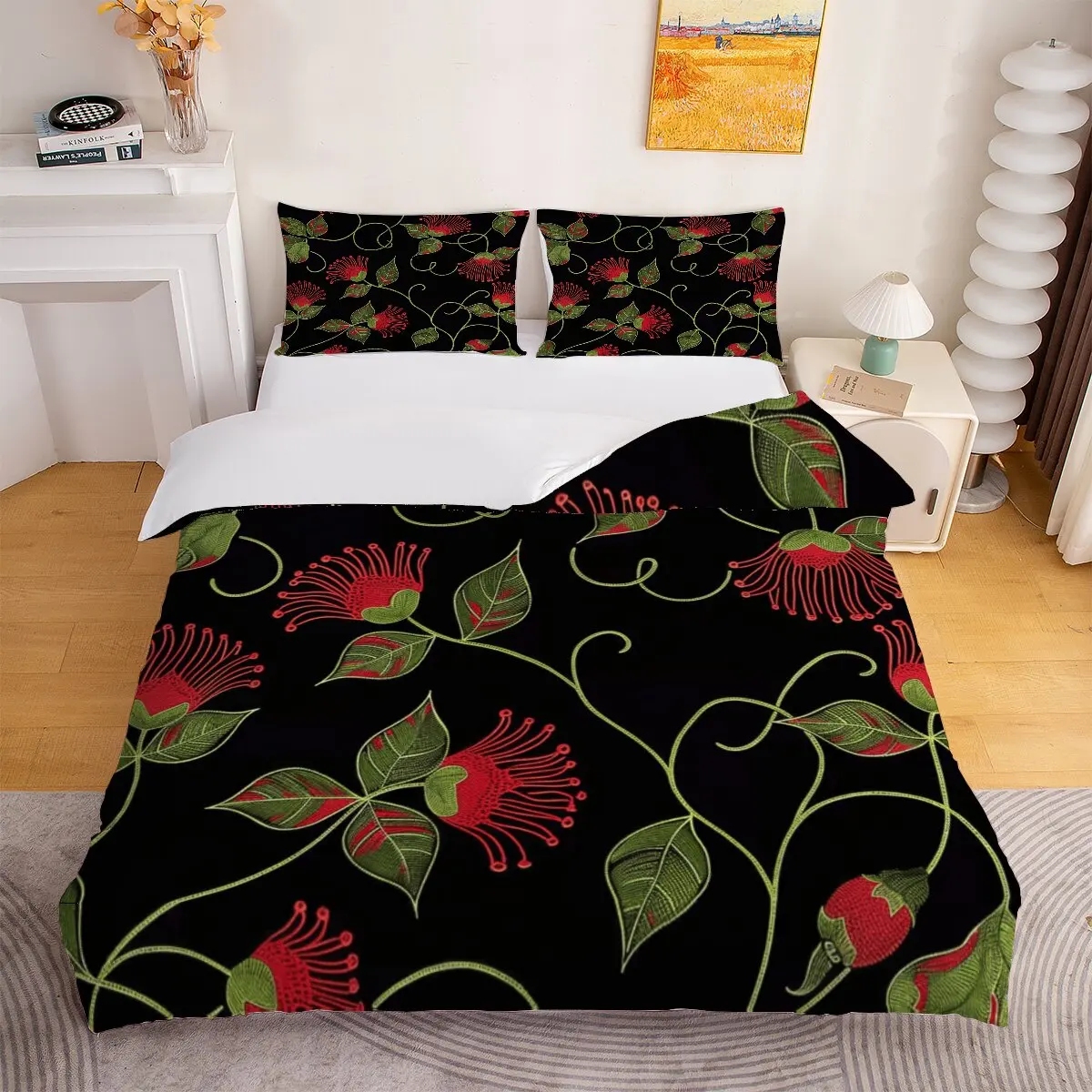 Red plant flowers  duvet cover   Green plant leaves  Printed duvet cover 3-piece set with 2 pillowcases