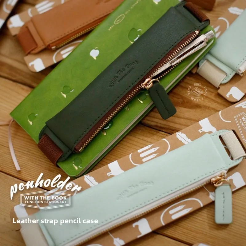 Picture 3: Portable PU Leather Zipper Pen Pouch Adjustable Elastic Book Strap Pen Holder Notebook Accessory Stationery Storage Bag