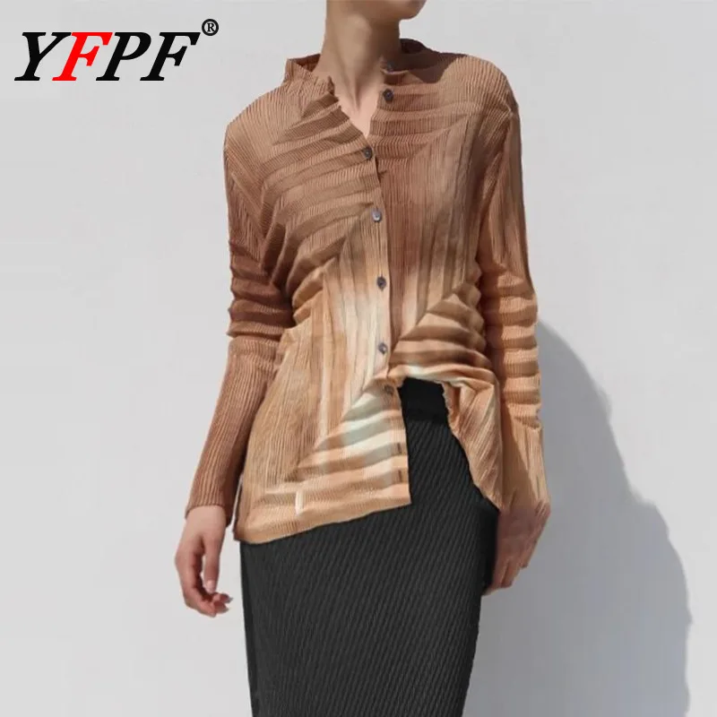 

YFPF Tie Dye Printing Design Shirt Women Fashion Miyake Pleated Button Long Sleeve Gradient Blouse Streetwear 2025 New Clothing