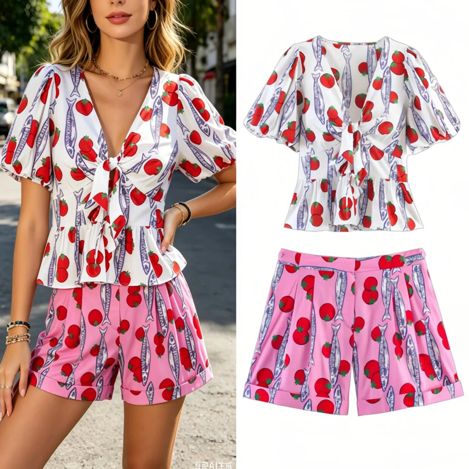Ladies V Neck short-sleeved suit Puff Sleeve Blouse Sweet Print Bow Lace Up Casual Top 2026 New Fashion Streetwear Blouse Women