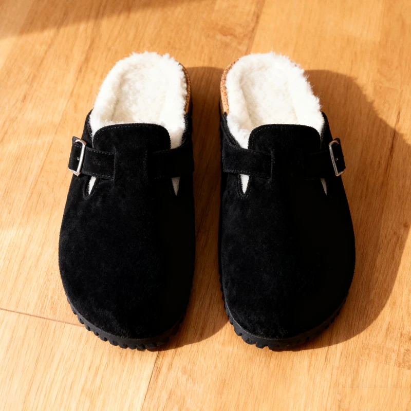 

Новые зимние сабо Smile для женщин, уличные уютные модные женские тапочки на меховой подкладке, теплые женские замшевые сабо с регулируемой пряжкой
