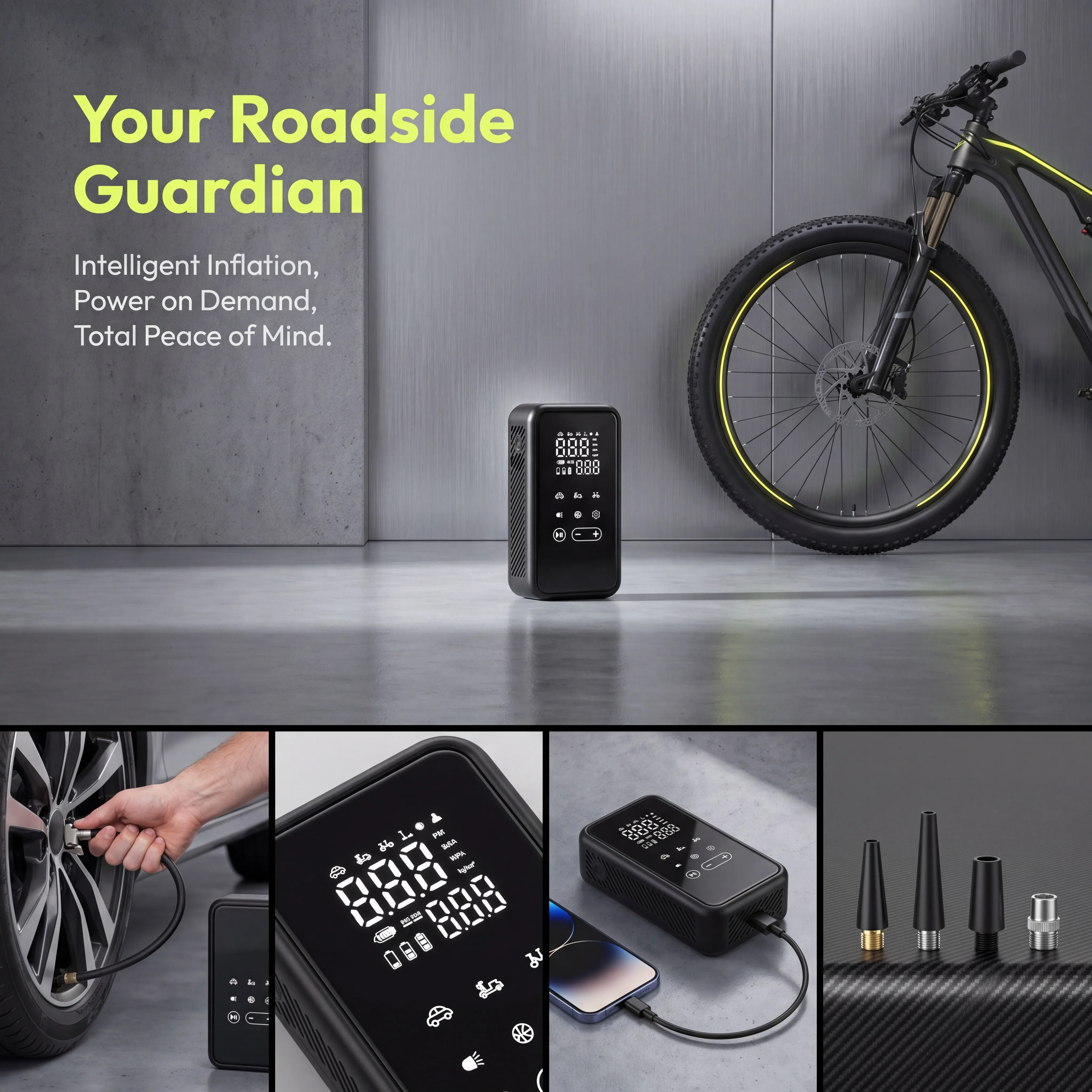 Portable 150PSI Tire Inflator Air Compressor 90W 5400mAh Type-C Charging Mini Inflator for Auto Motorbike E-Bike Bike Balloons