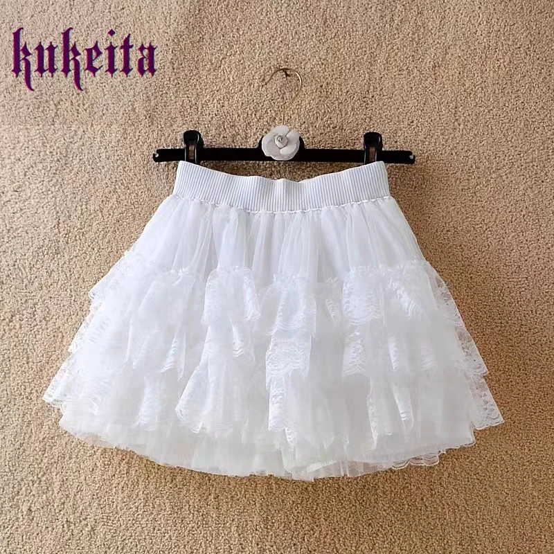 Kukeita-saia de cintura alta harajuku para mulheres, multi-camada, renda, malha, tutu, gótico, lolita, kawaii, bolo, curto, sexy, verão