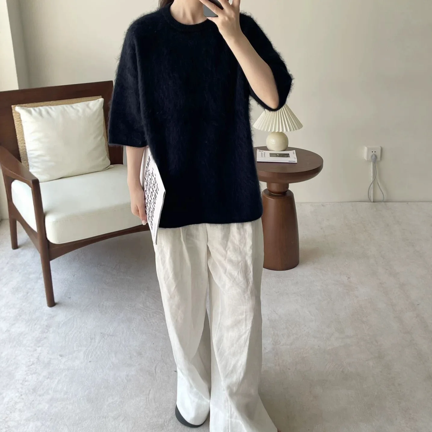 2026 autumn and winter new style medium-length round-neck silk cashmere fleece sweater  thickened short-sleeved  loose-fitting