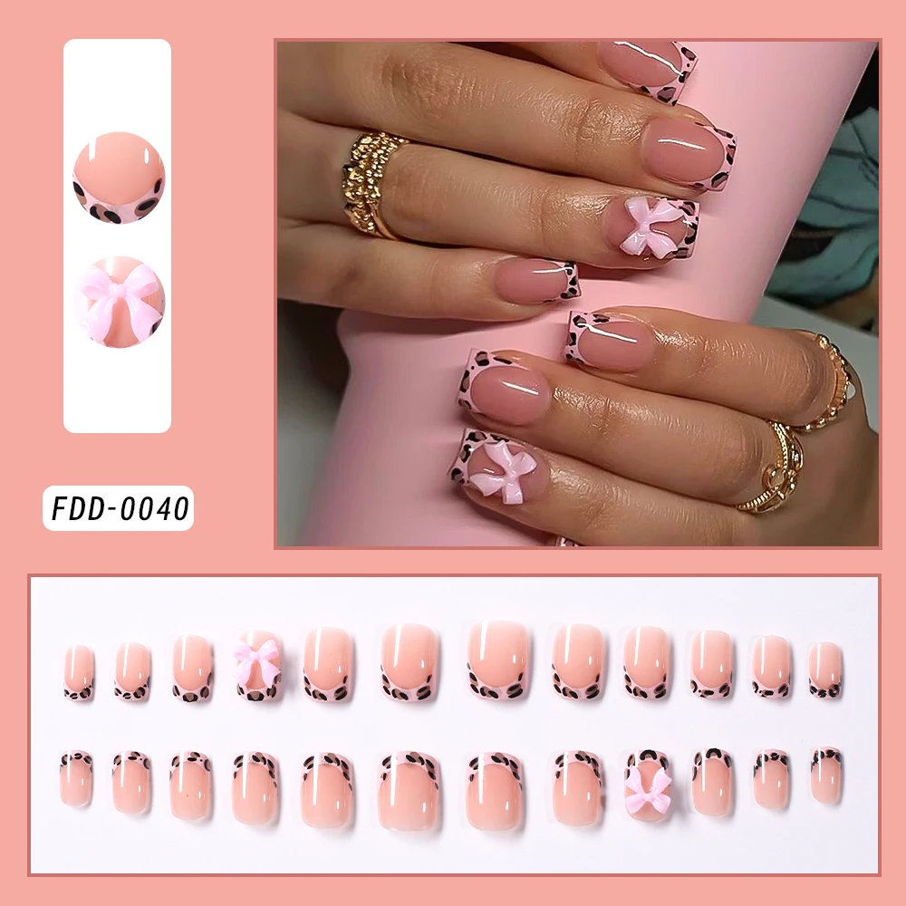 24Pcs Leopard Print Design False Nails with Bow Short Square Press on Nails Wearable French Full Cover Ballet Fake Nail Tips