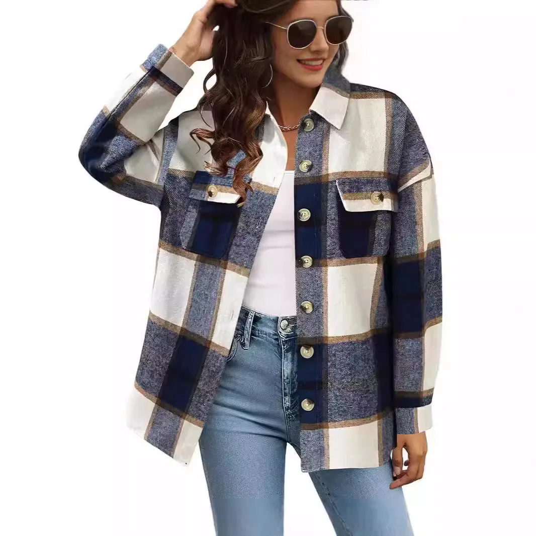 

2025 Women's Clothing Autumn and Winter New Women's Plaid Jacket Casual Loose Pocket Shirt Europe and America