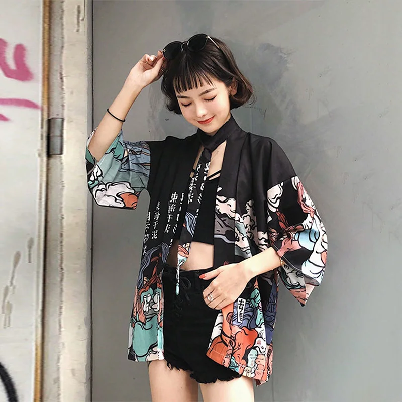 Ancient Style, New Chinese Style, Graffiti, Fun and Unique Print, Kimono Cardigan, Niche Design, Tie-Up Yukata, Nightgown, Beach Vacation Cover-Up, Retro Modified Kimono