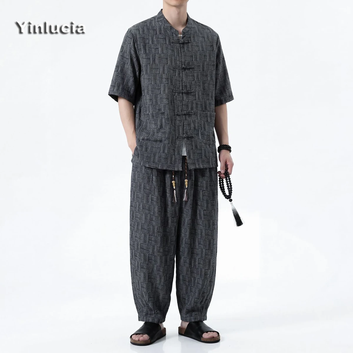 2 Pieces Set For Men Full Printed Chinese Frog Buttons Modern Premium Shirt Pants Suit Summer Cool Ice Silk Loose Tees Trousers