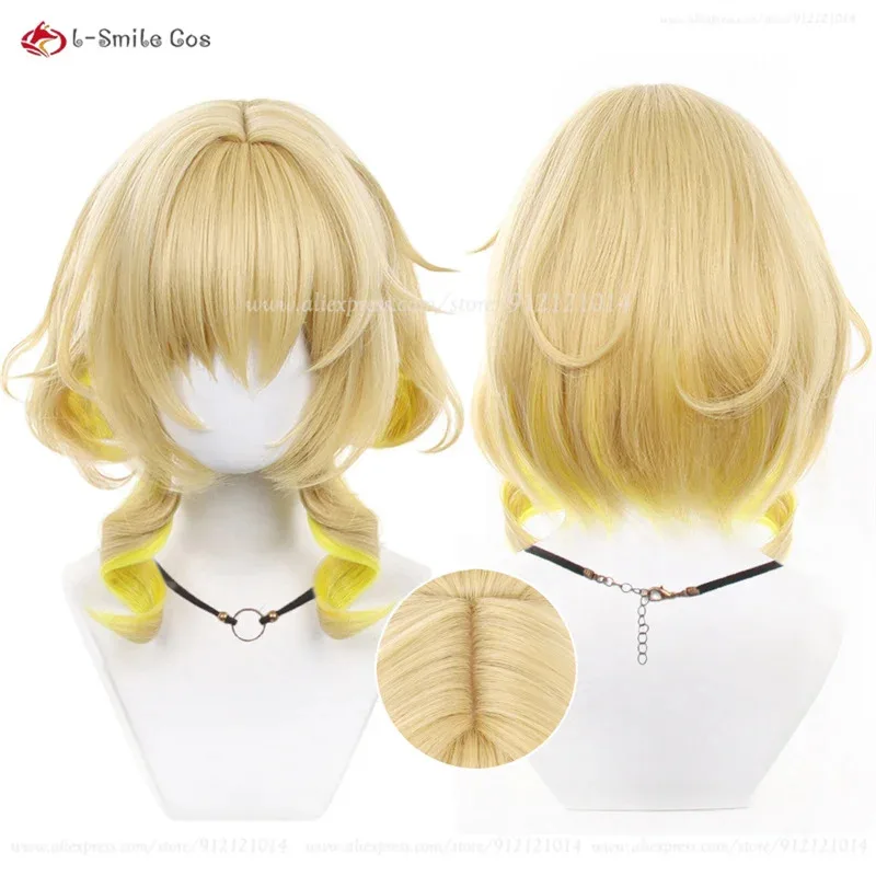 Candy 2025HSR Aglaea Gold Farbverlauf Gelb 35 cm Lockige Perücken Hitzebeständige Synthetische Haar Halloween Anime Cosplay Perücke