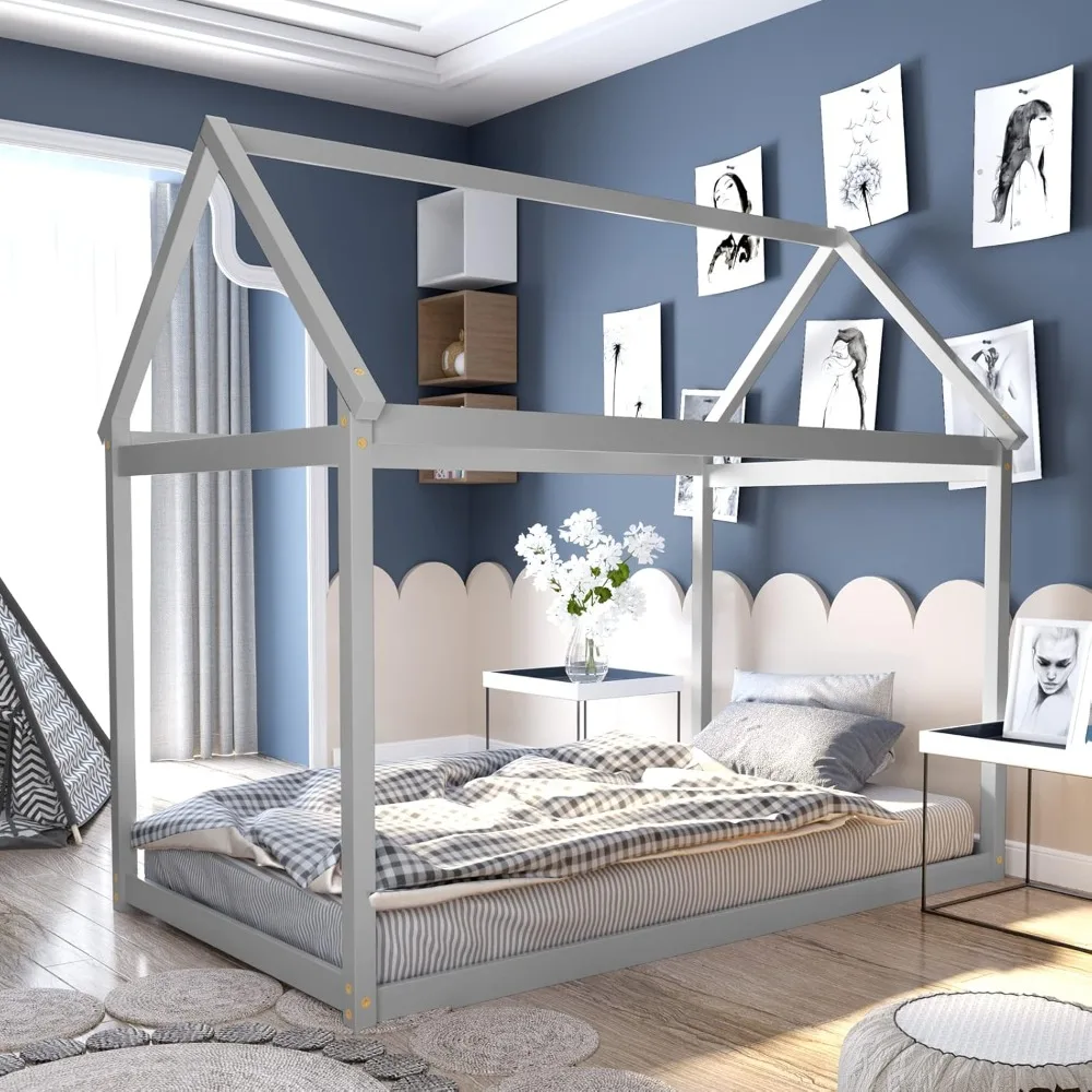 سرير توأم هاوس، سرير منخفض الطابق مع سقف، سرير أرضية مونتيسوري، لا حاجة إلى صندوق زنبركي، إطار سرير خشبي مزدوج الحجم للأطفال #5