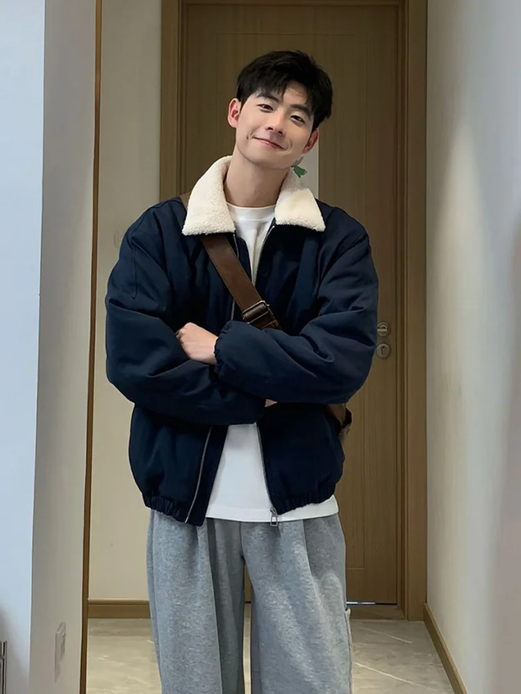 

Мужская зимняя куртка из овечьего вельвета с синим меховым воротником, теплая, свободного кроя, повседневная, молодежная, популярная