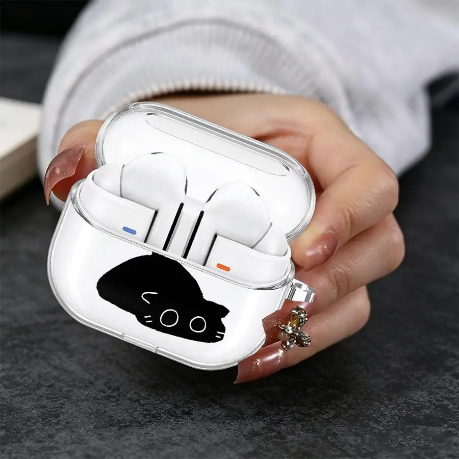 Black Cat Doodle Print Case For Samsung Galaxy Buds 2 Live 4 Pro 4Pro 2Pro 3 FE 3Pro Clear Earphone Cases Cover With Hook view 3