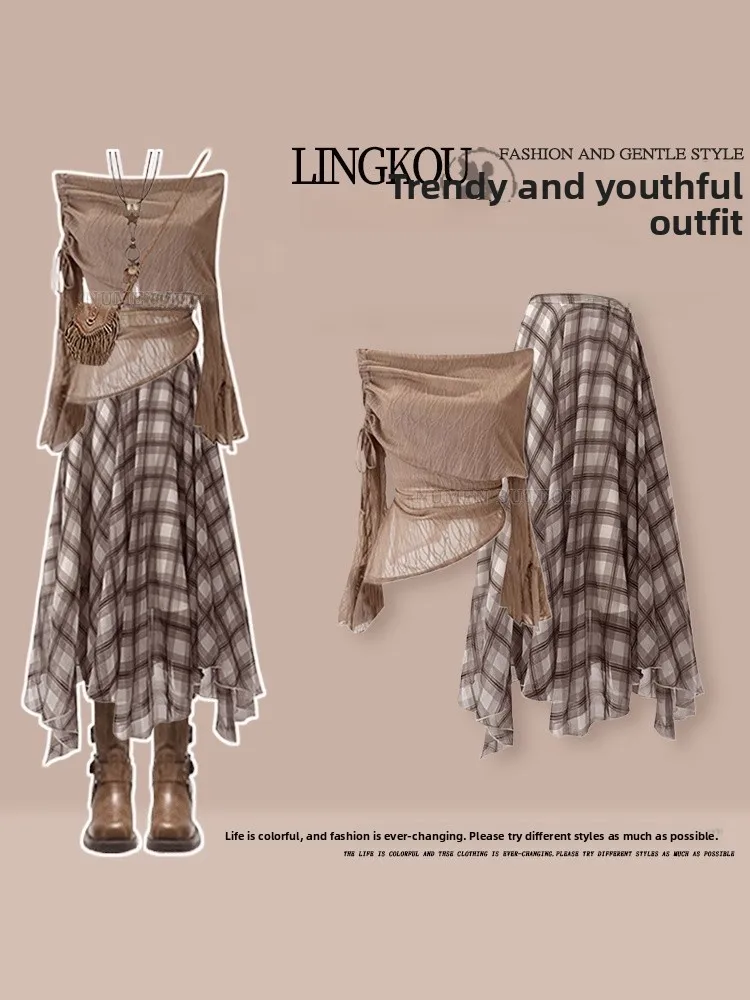 

plus Size Early Autumn Mermaid Set Women's Anti-Aging Personality Slim Fit Top High Waist Plaid Skirt Two-Piece Set