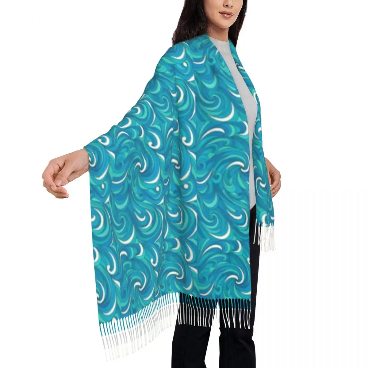 Ocean-Wave-Abstract-Swirl-Pattern-Shawl-A-Tassel-Scarf