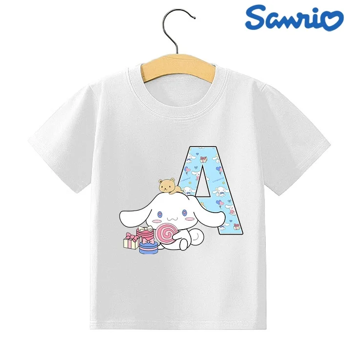 

Summer Sanrio Cinnamoroll Children T-shirt Letter A B C D Name Combination Kawaii Girls Tee Cartoons Casual Clothes Kid Boy Tops