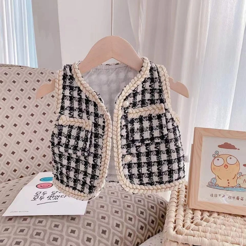 

2025 Spring and Autumn New Children's Grid Splicing Wheat Ear Pattern Pearl Button Outer Vest