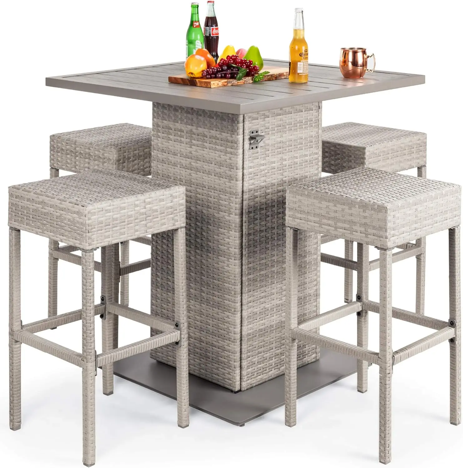 5-Piece Outdoor Wicker Bar Table Set  Backyard w/Built-in Bottle Opener, Hidden Storage Shelf, Metal Tabletop, 4 Stools