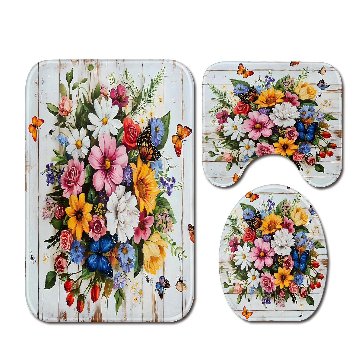 

3-Piece Spring Daisy and Butterfly Bathroom Set- Vivid Woodgrain Design Includes U-Shaped Toilet Seat and Cover Machine Washable