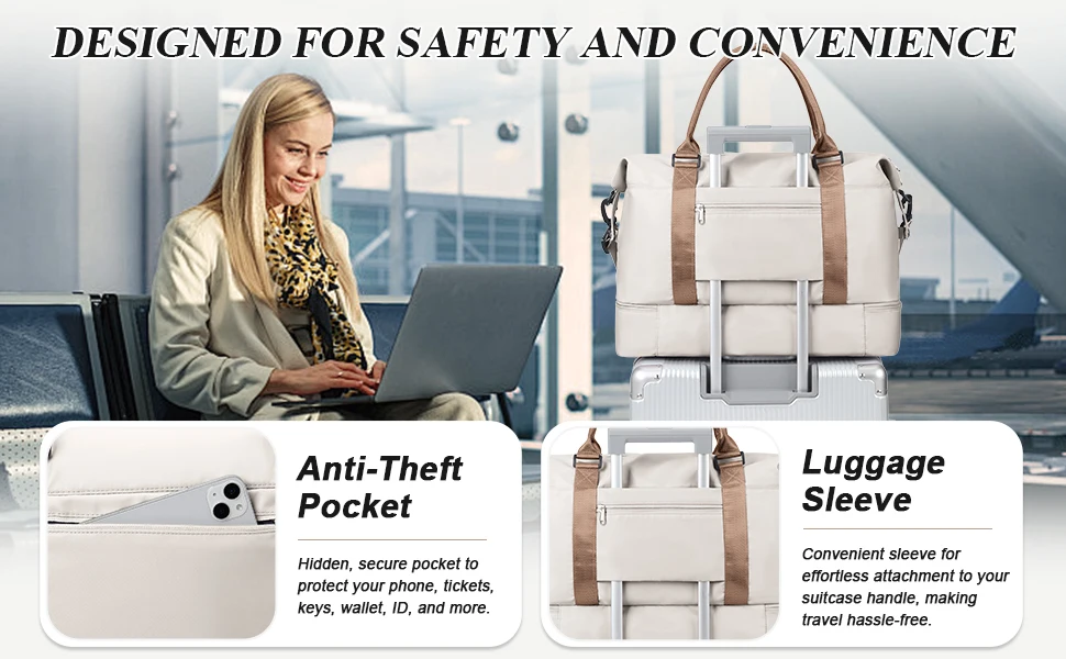 Reisetasche, Sporttasche, Sporttasche, Schultertasche, Weekender, Übernachtungstasche für Damen, Handgepäcktasche mit nasse Tasche, erweiterbare Tasche – Detail 6