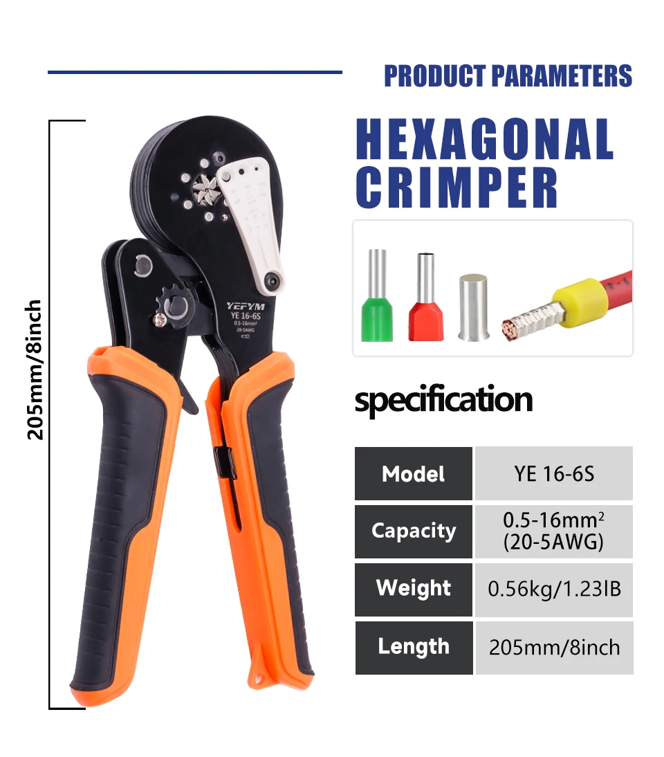 Aderendhülsen-Crimpzange YE 16-6S 0,5-16mm²/20-5AWG, Mini-Zange für Rohraderendhülsen, Praktisches Crimpwerkzeug mit Kabelschuhhalter – Detail 3