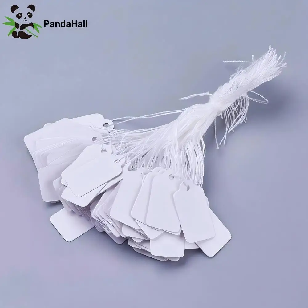PandaHall 500pcs White Rectangle Jewelry Price Tags, 23x13mm Item Label with String for Goods Display, Retail Packaging Supplies