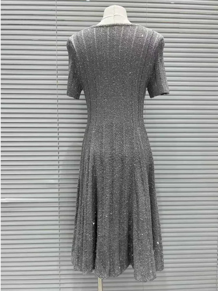 CHUJIE 2025 Vestido de malha da moda verão – Vestido elegante slim fit de manga curta com gola redonda e enfeite de lantejoulas