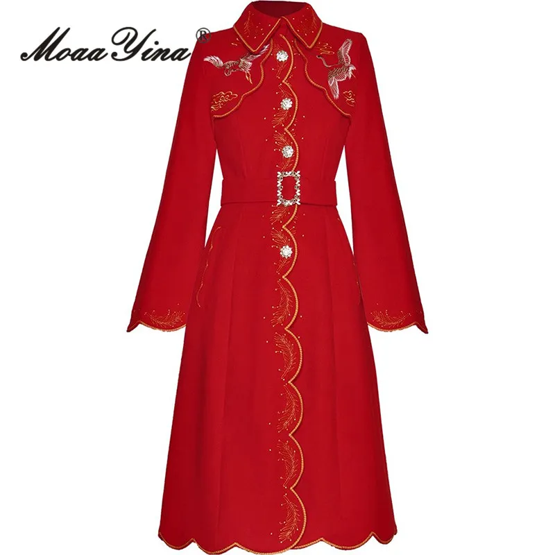 MoaaYina Fashion Runway Autumn Winter Flare Sleeve Midi Coat Women Turn-Down Collar Single-Breasted Lace-Up Embroidery Overcoat