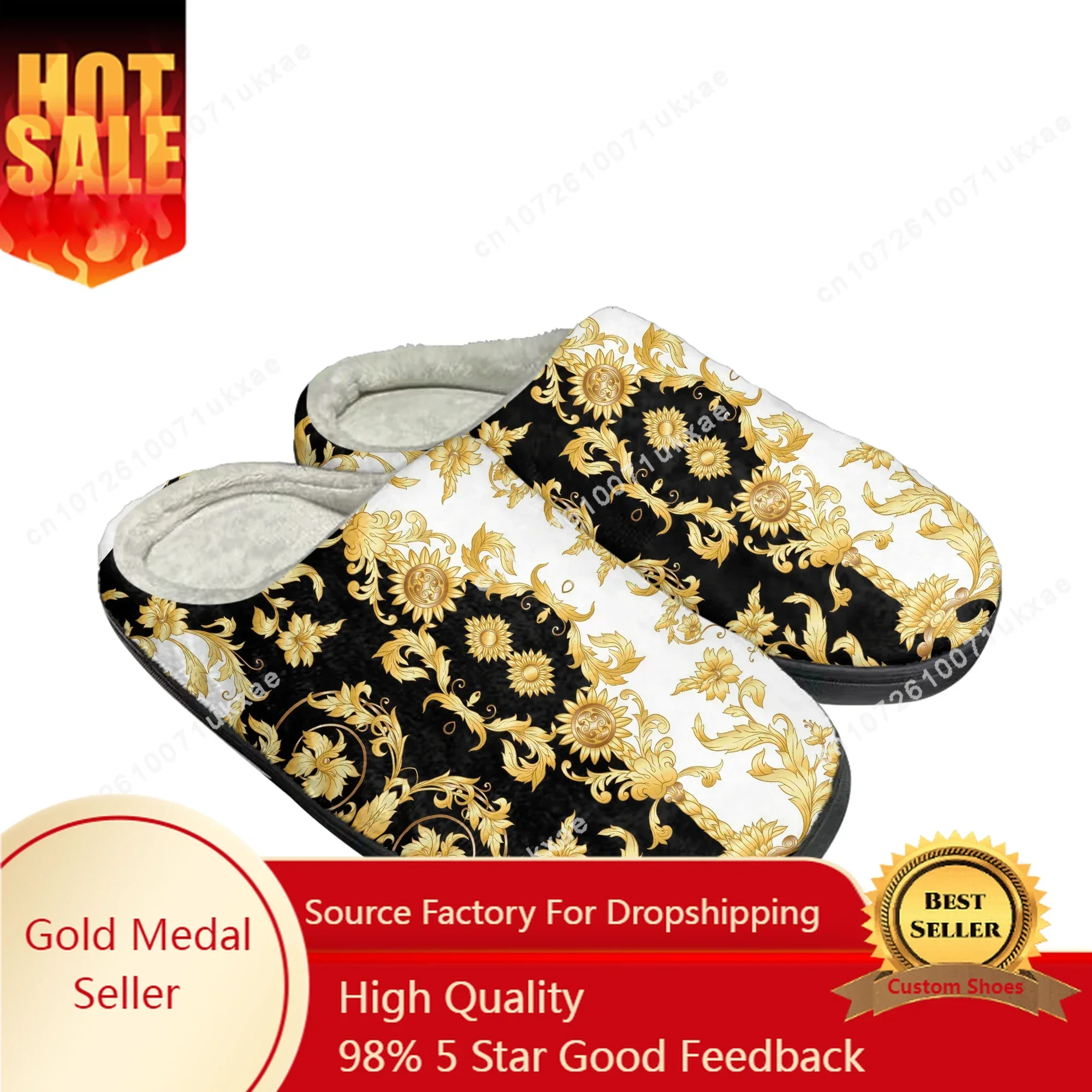 Luxo dourado floral barroco chinelos de algodão, chinelo térmico, sapatos personalizados, luxuoso quarto, casa, casual, manter aquecido