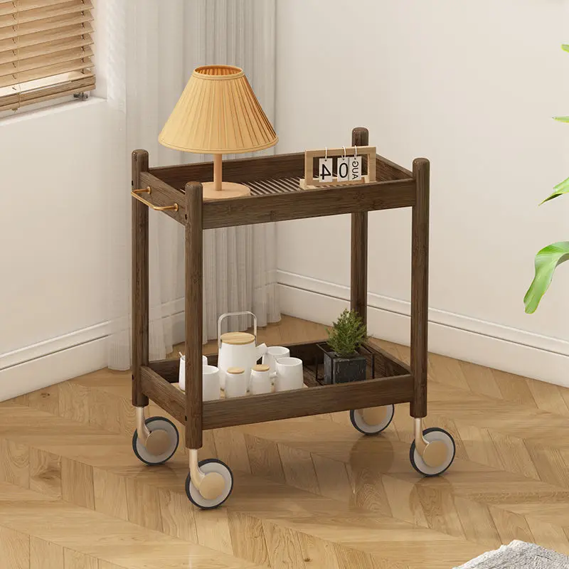 

Nordic movable sofa side table bamboo storage cabinet glass coffee table trolley with wheels cart living room kitchen furniture